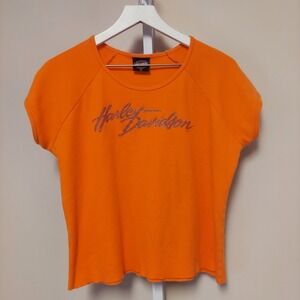 Harley Davidson Orange Short Sleeve Glitter Logo T Shirt Womens XL Carolina Vtg